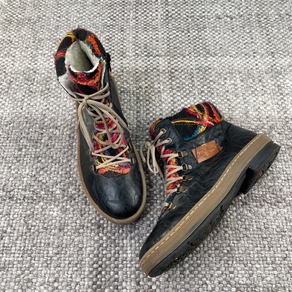 Rieker Combat Ankle Boots Womens 40 Black Multi Color Knit Zip Up Laced